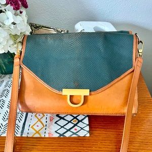 Foley + Corinna Tan and Teal leather crossbody saddle bag